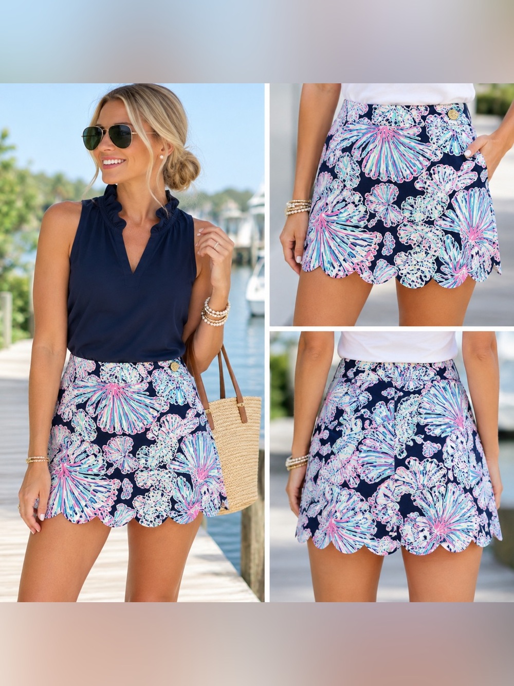 Lilly Pulitzer Colette Scalloped Skort 0 Deep Sea Navy Shells Bells
